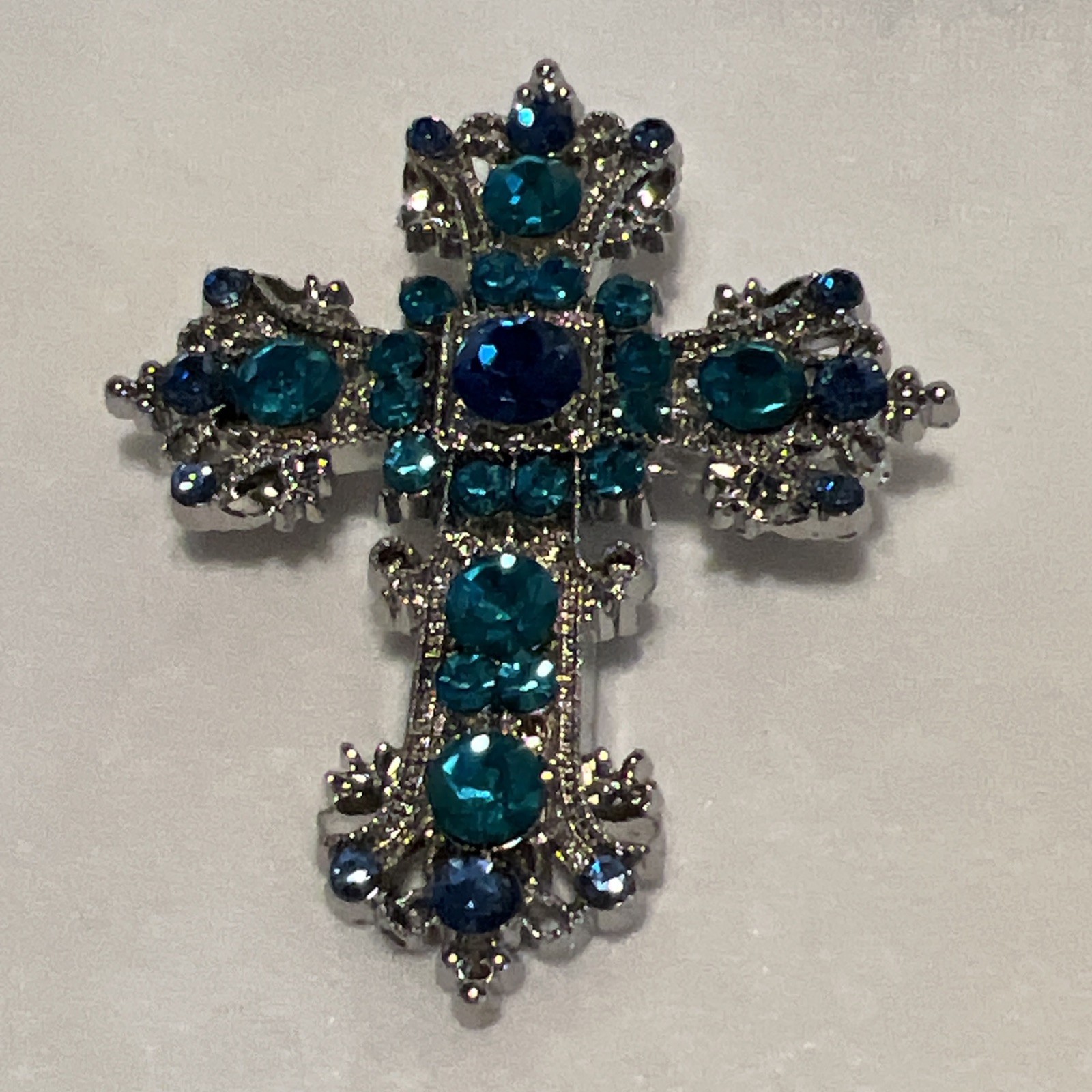Blue Silver Rhinestone Cross Brooch Baroque Style Pin