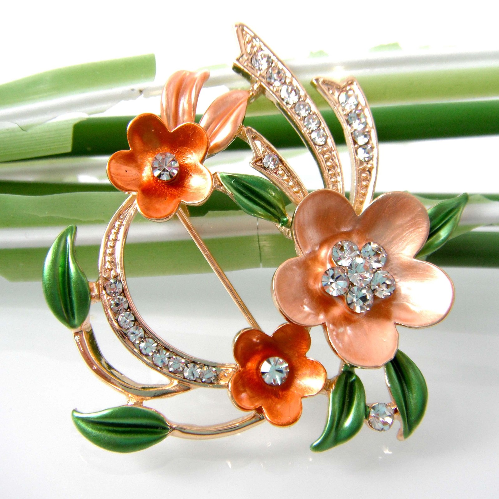 18K Gold Plated Multicolor Enamel Flower Brooch Green Leaves Crystal Pin