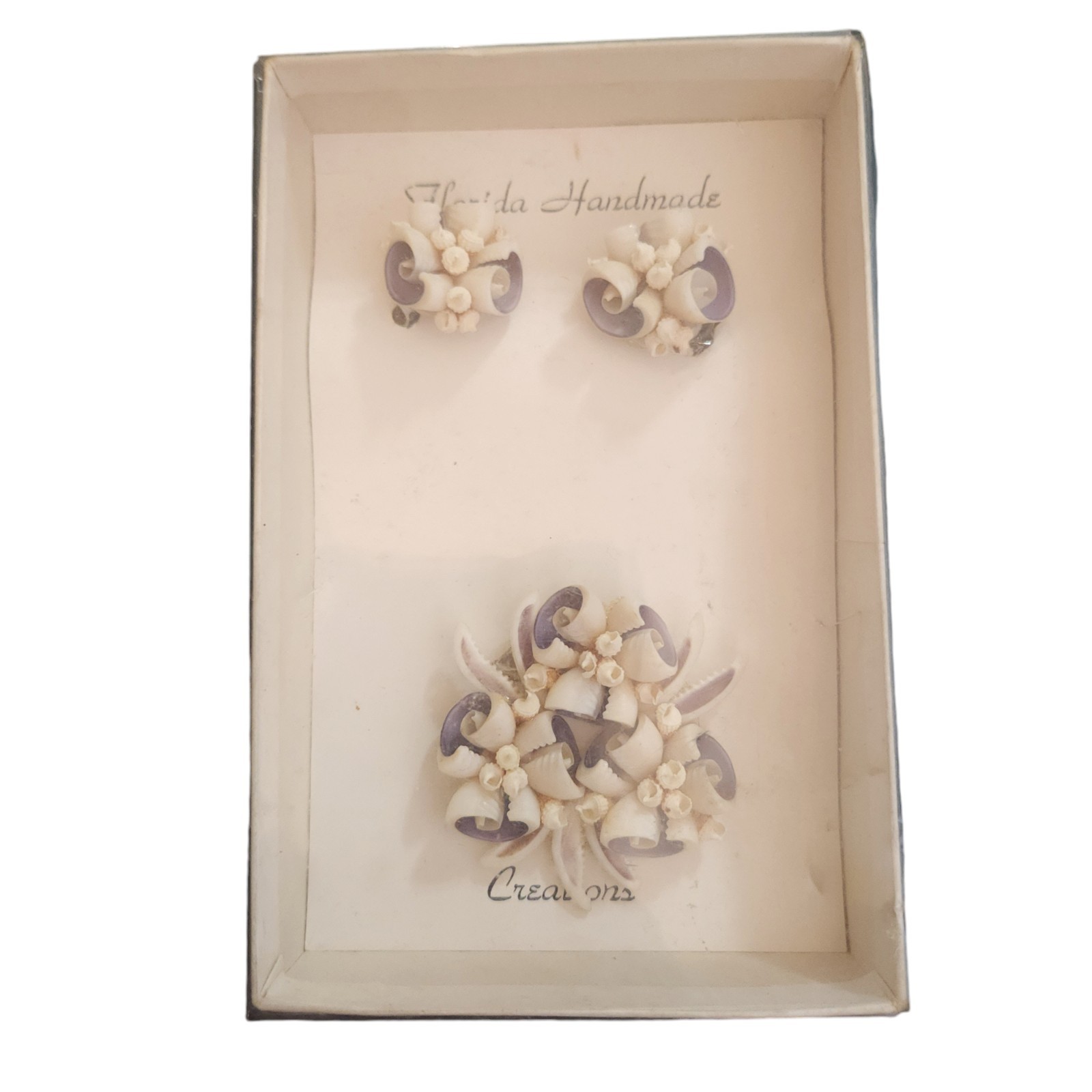 Florida Handmade Sea Shell Earrings & Brooch Set Vintage White Lilac