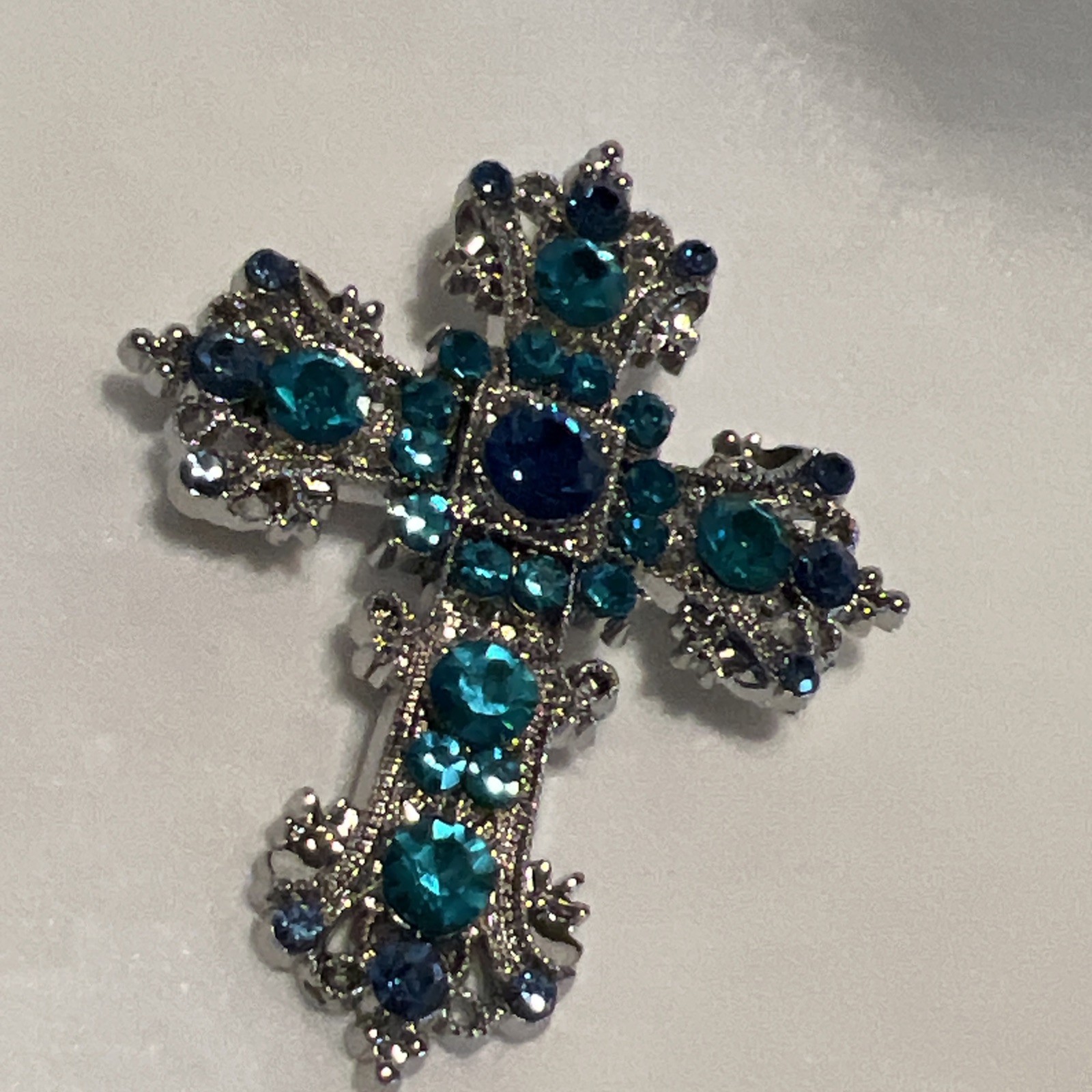 Blue Silver Rhinestone Cross Brooch Baroque Style Pin