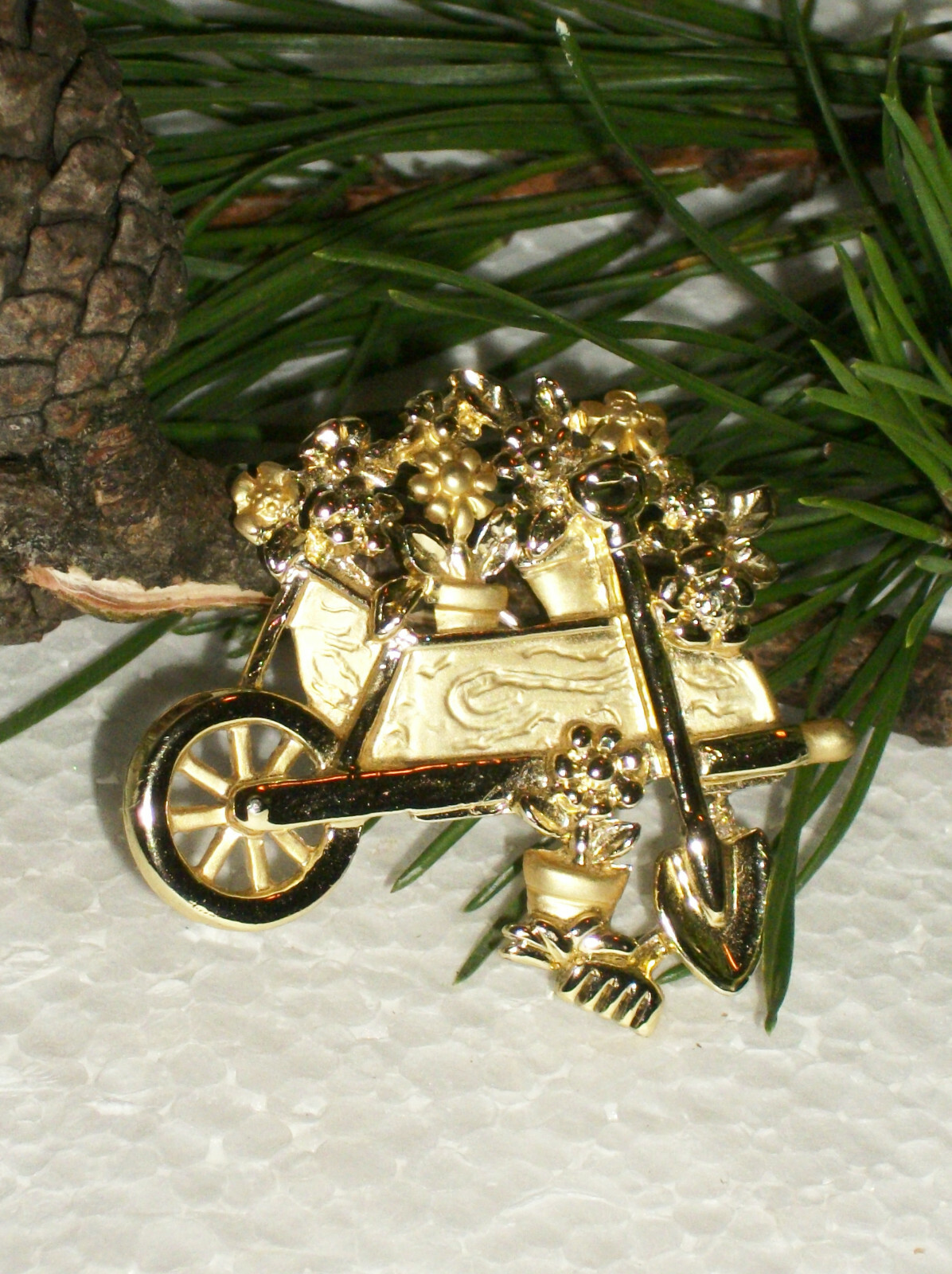 Flower Wheelbarrow & Shovel PIN Brooch Marked AJC Gardening 1 1/2″ X 1 3/4″