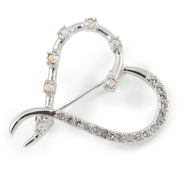 Rhodium Plated Clear/ Ab Crystal Open Asymmetrical Heart Brooch – 30mm L