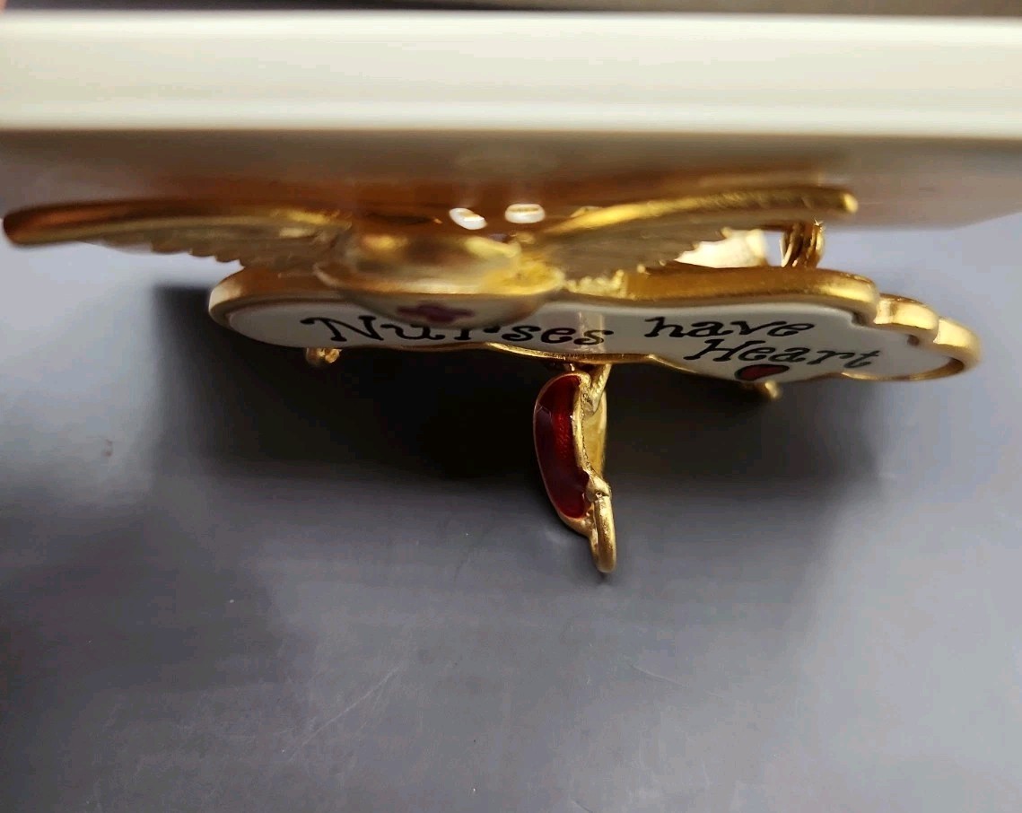 Gold Tone NURSES HAVE HEART Brooch/Pin with Dangles 2 1/2″ x 2″