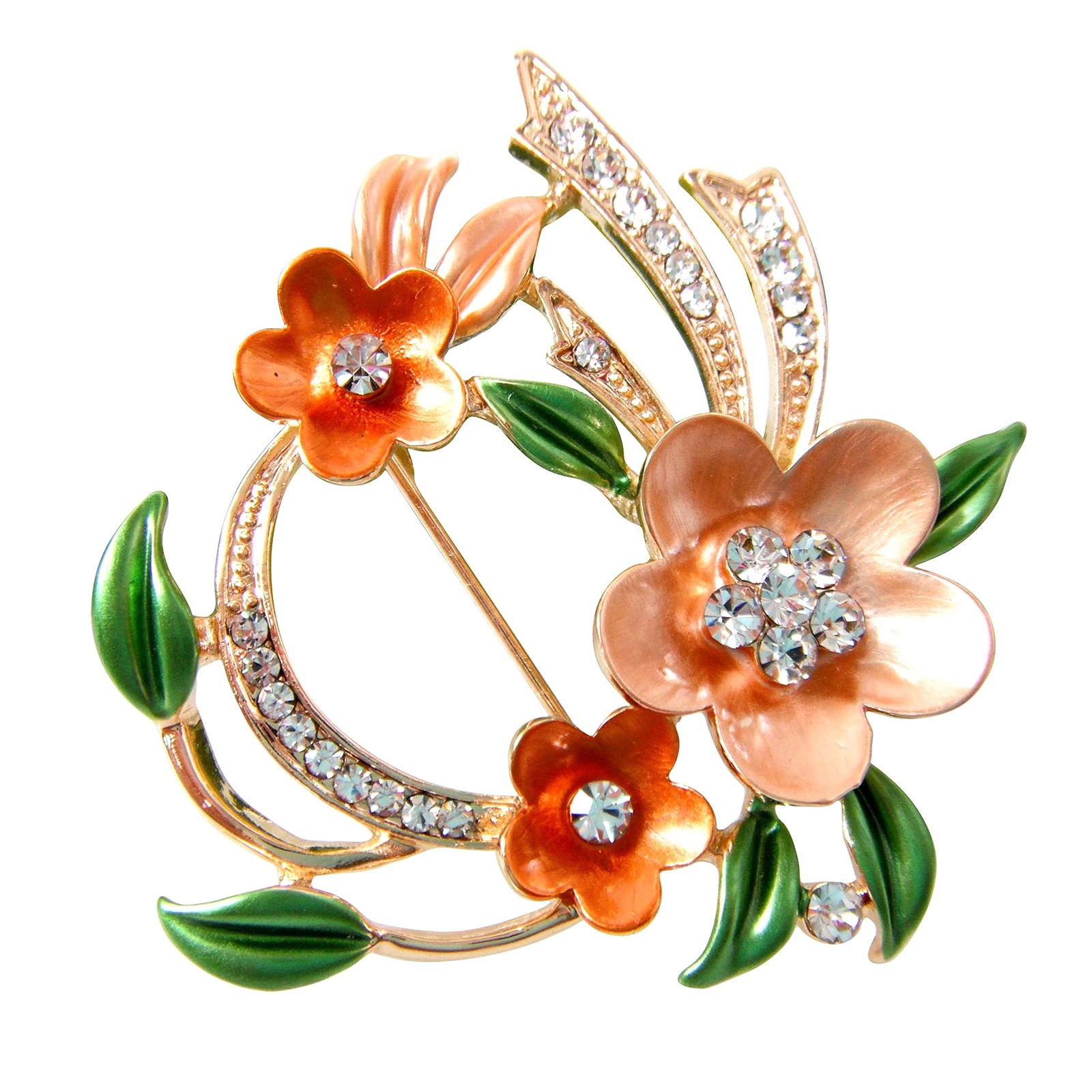 18K Gold Plated Multicolor Enamel Flower Brooch Green Leaves Crystal Pin