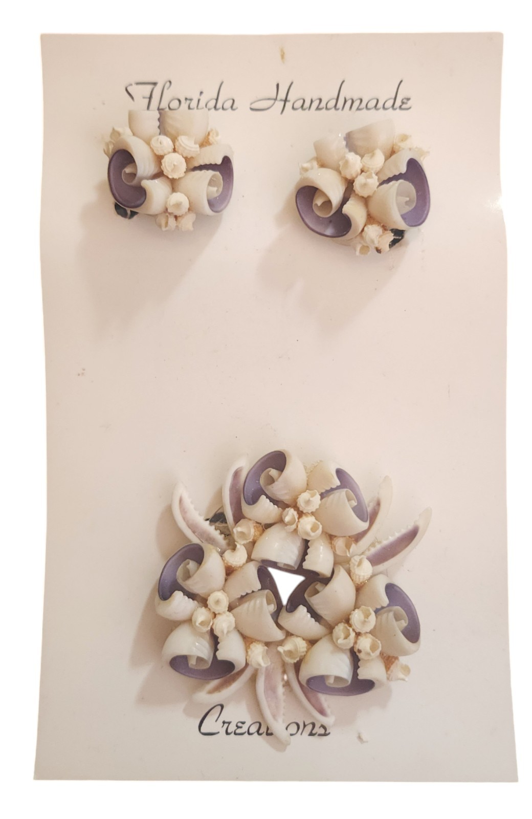 Florida Handmade Sea Shell Earrings & Brooch Set Vintage White Lilac