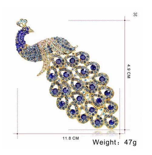 Large Peacock Brooch Blue Rhinestones 11.8cm Statement Unisex Pin Gift