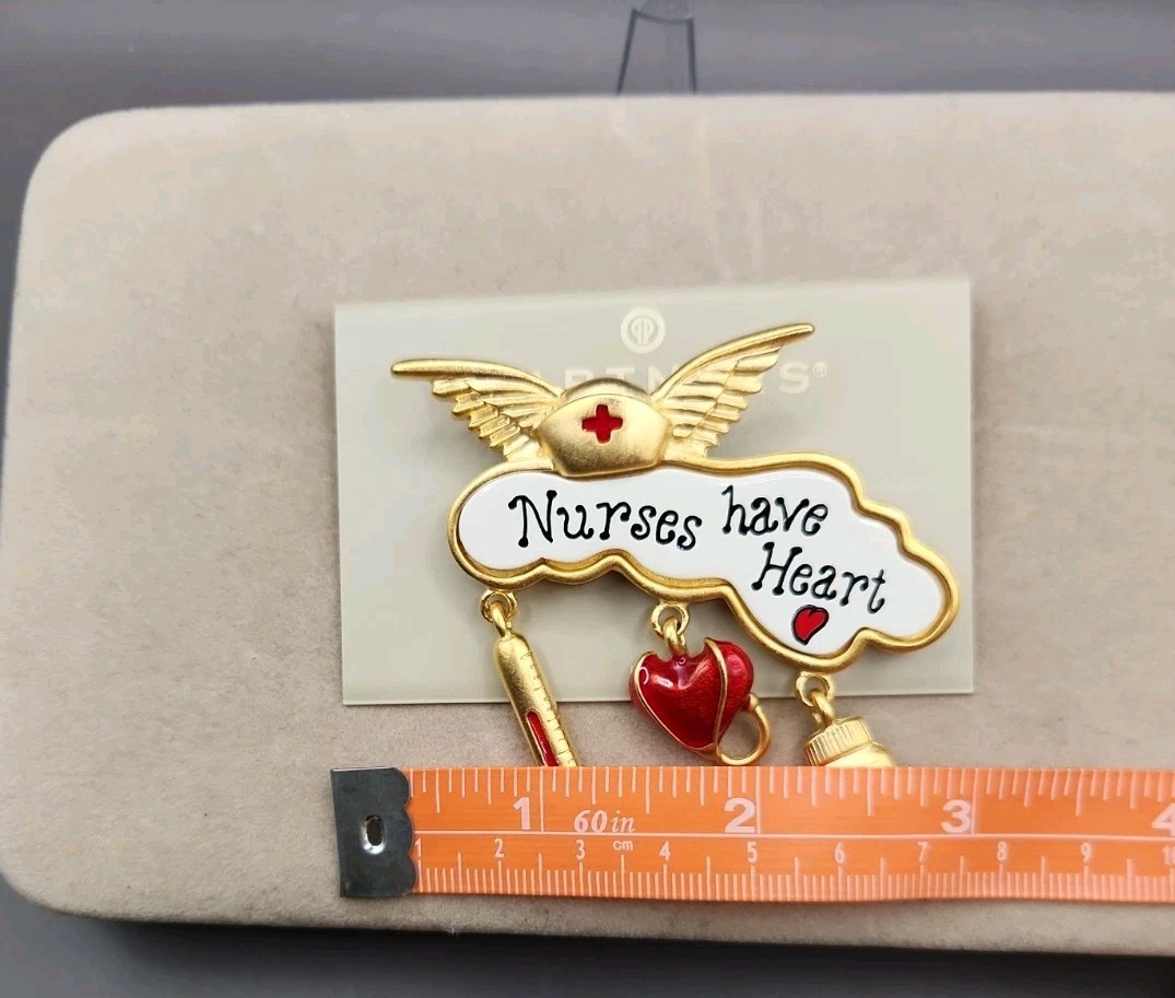 Gold Tone NURSES HAVE HEART Brooch/Pin with Dangles 2 1/2″ x 2″