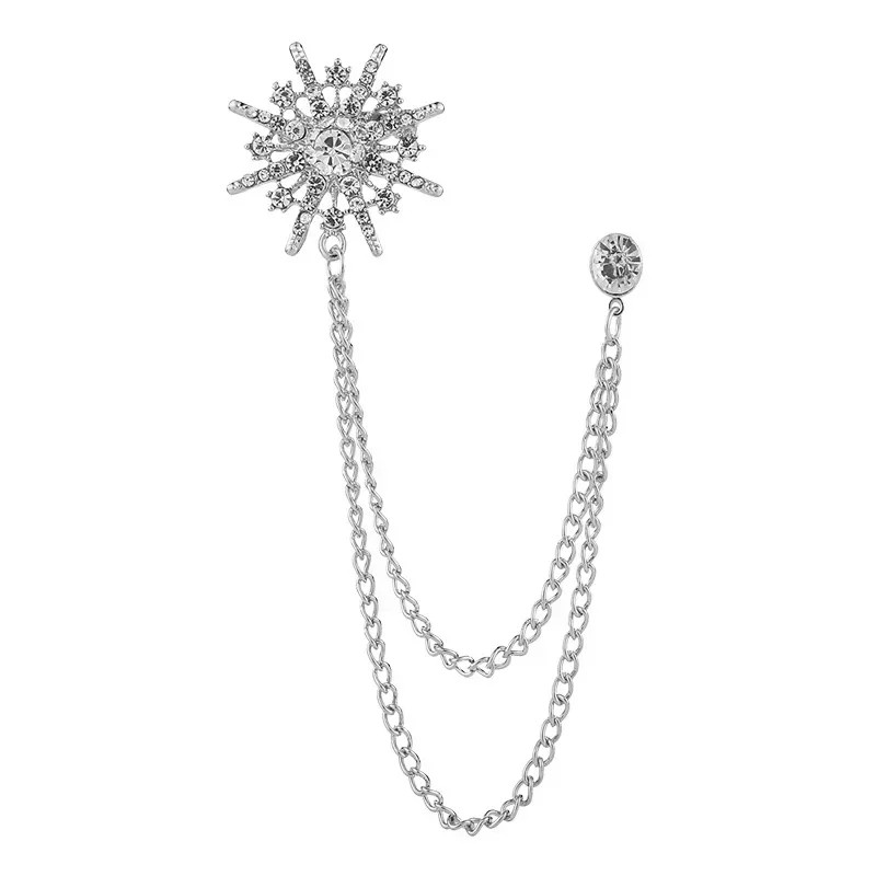 Silver Tone Star Brooch Women Crystal Tassel Geometric Chain Pin Jewelry