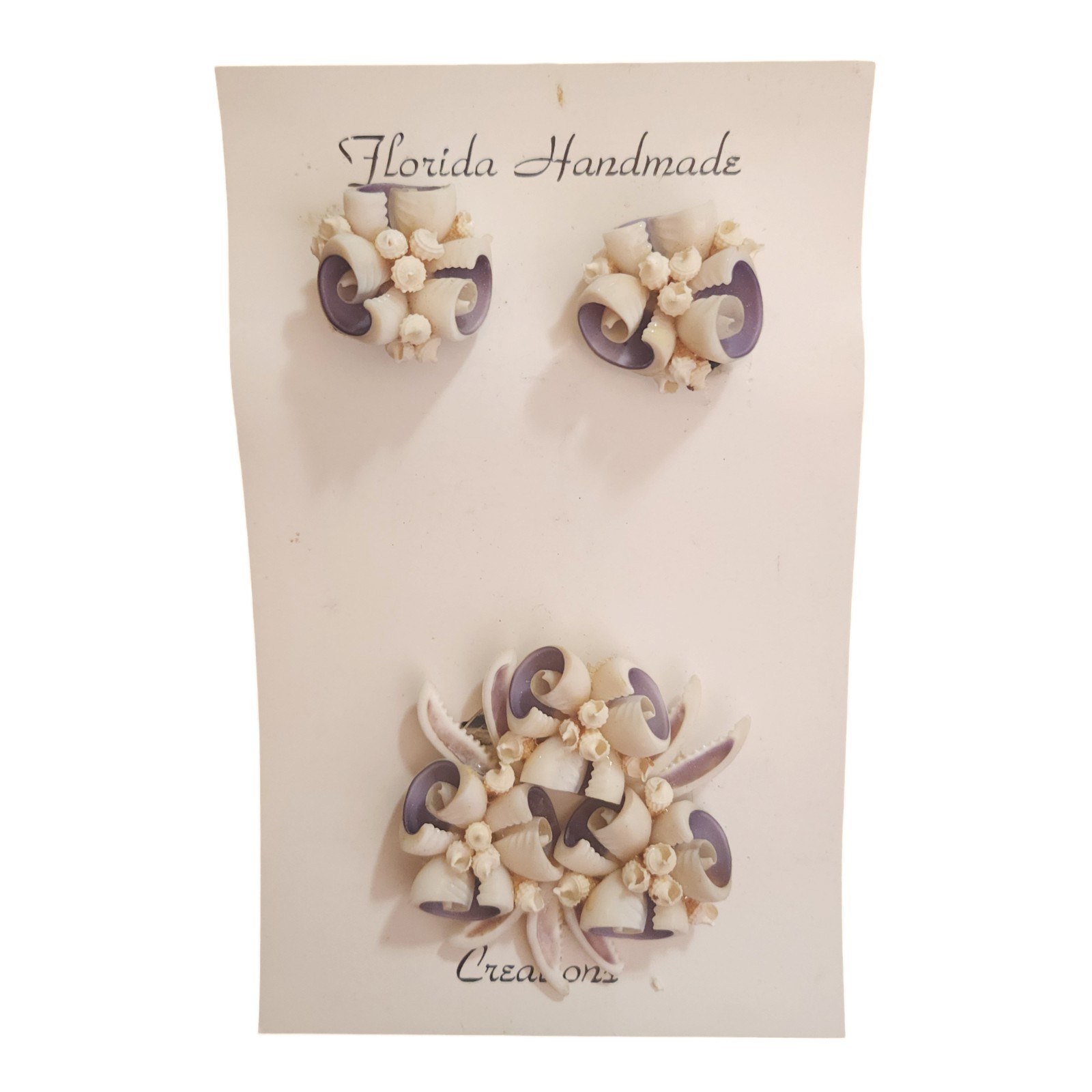 Florida Handmade Sea Shell Earrings & Brooch Set Vintage White Lilac