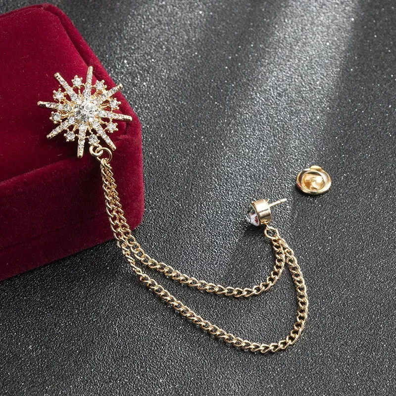 Silver Tone Star Brooch Women Crystal Tassel Geometric Chain Pin Jewelry