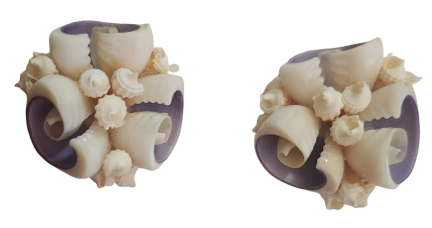 Florida Handmade Sea Shell Earrings & Brooch Set Vintage White Lilac