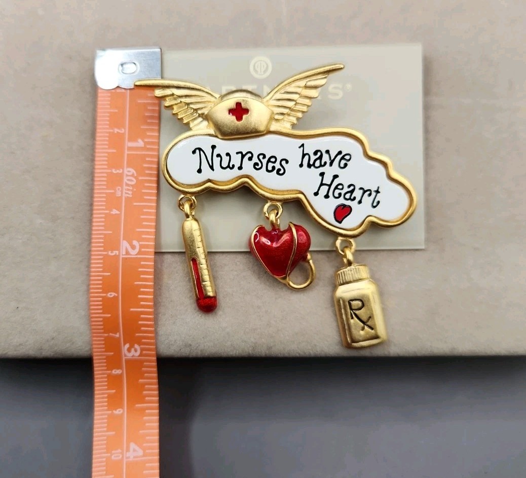 Gold Tone NURSES HAVE HEART Brooch/Pin with Dangles 2 1/2″ x 2″