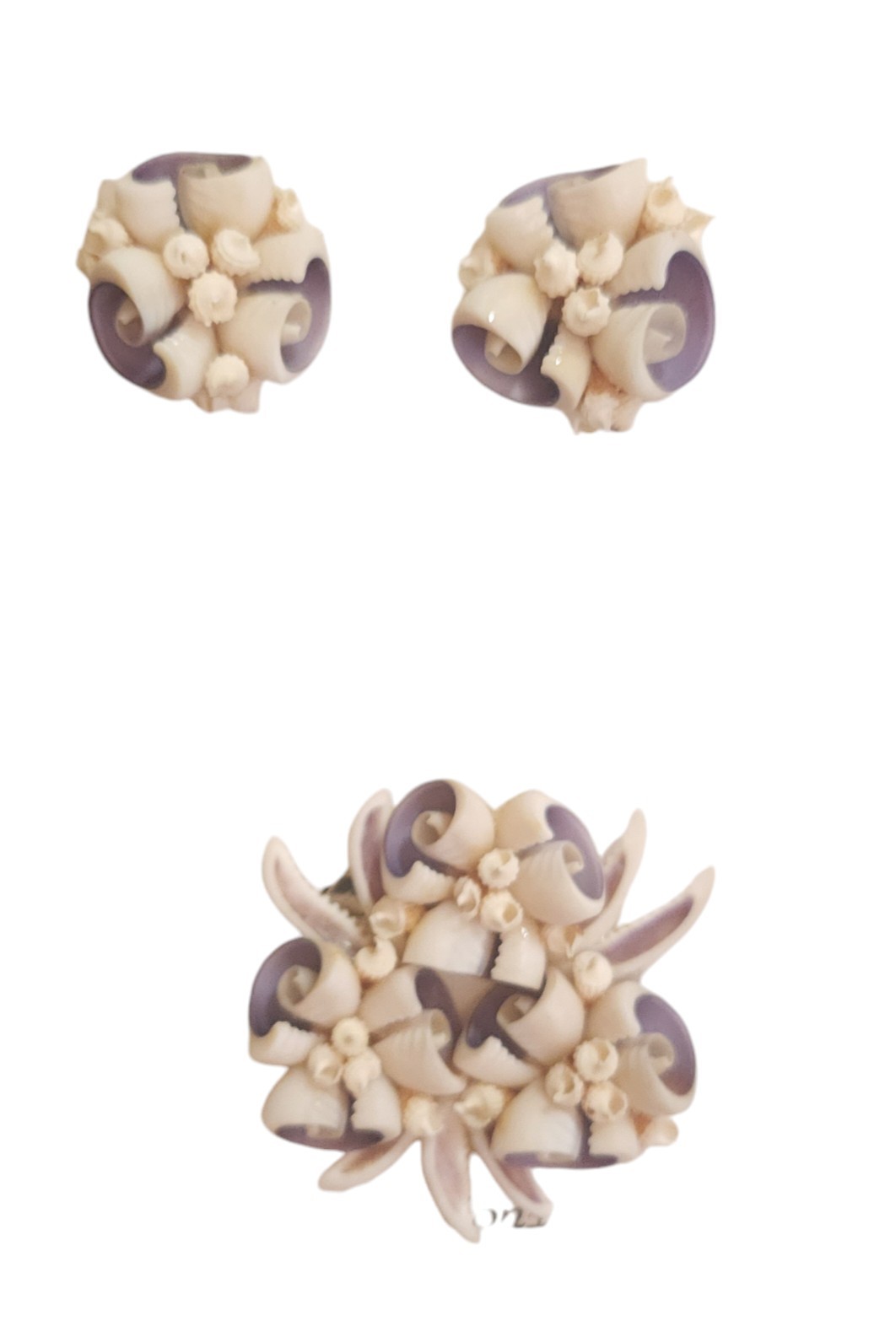 Florida Handmade Sea Shell Earrings & Brooch Set Vintage White Lilac
