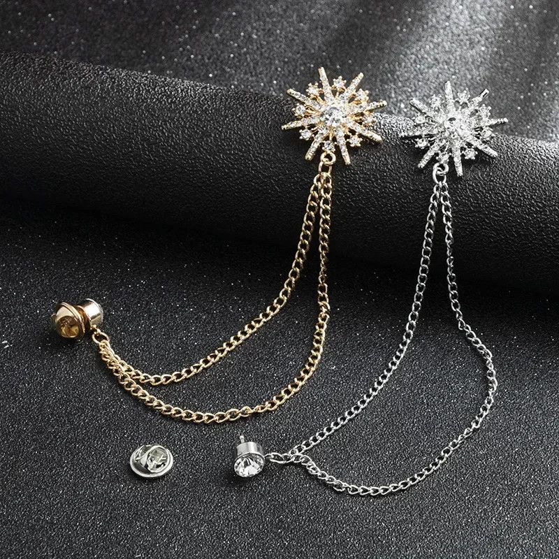 Silver Tone Star Brooch Women Crystal Tassel Geometric Chain Pin Jewelry