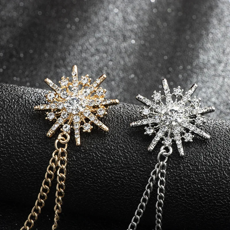 Silver Tone Star Brooch Women Crystal Tassel Geometric Chain Pin Jewelry